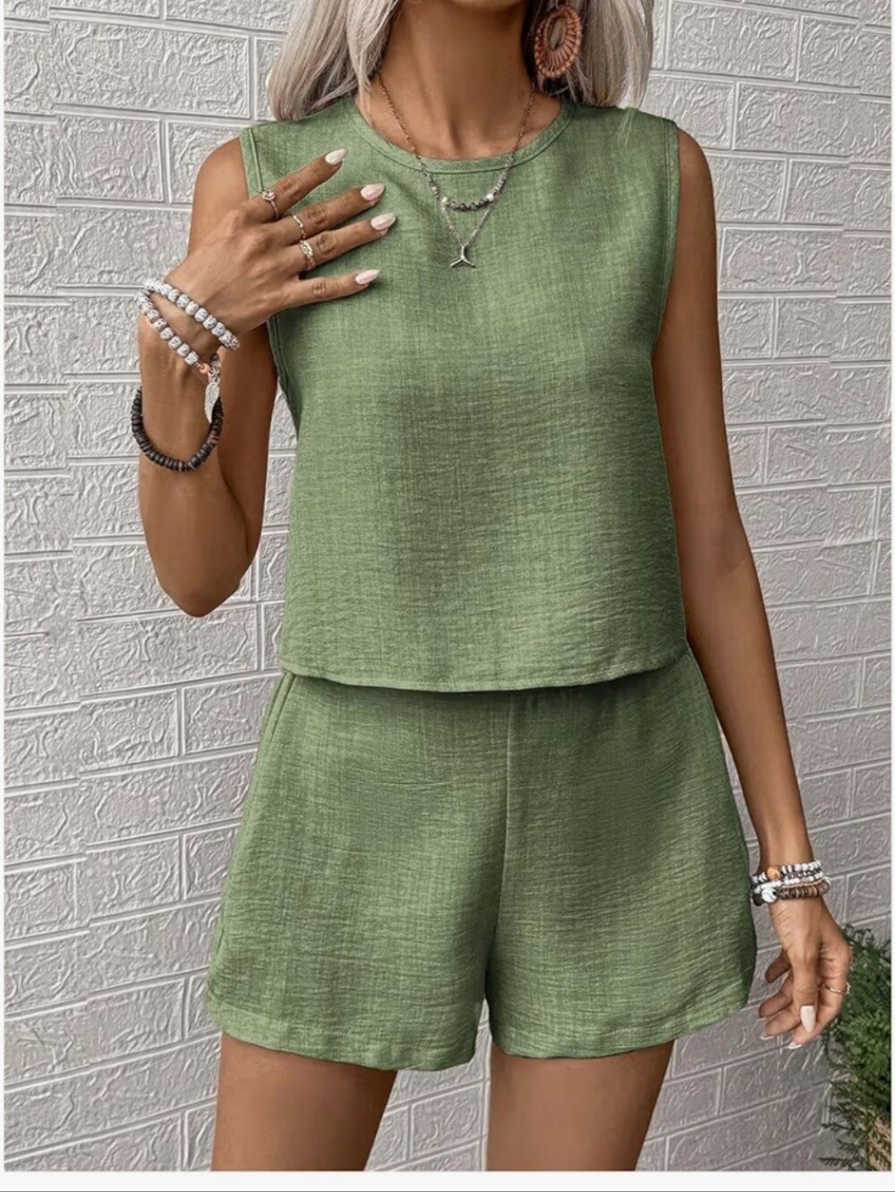 Sleeveless Two-Piece Linen-Blend Shorts Set - Green #61 - Picture 2 of 5